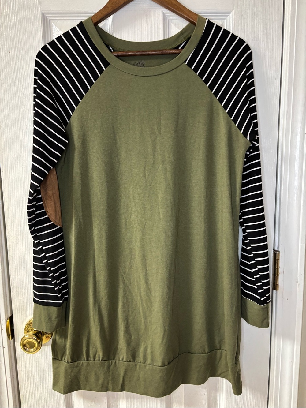 Tickled Teal Olive Green Tunic with Black & White Striped Raglan Sleeves